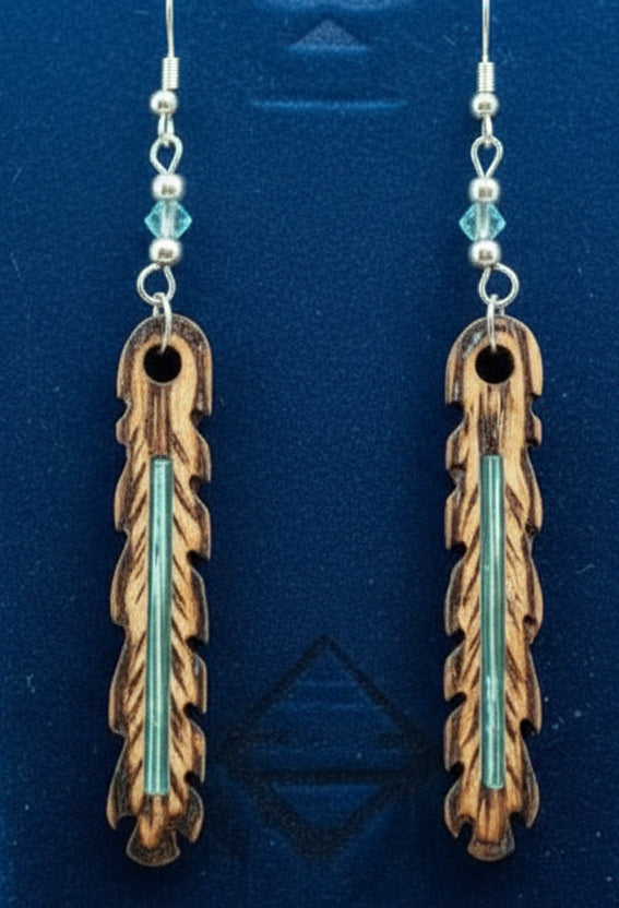 Specialty Earrings* Native American handcrafted authentic wood carved burned and inlayed with torquise colored bugle bead - Native Bling