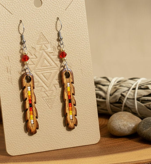 Native American hand crafted, Wood carved and burned Feather earrings - Native Bling