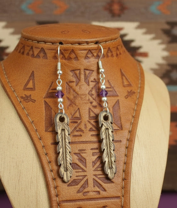 One of a kind*specialty wood carved and burned feather earrings - Native Bling