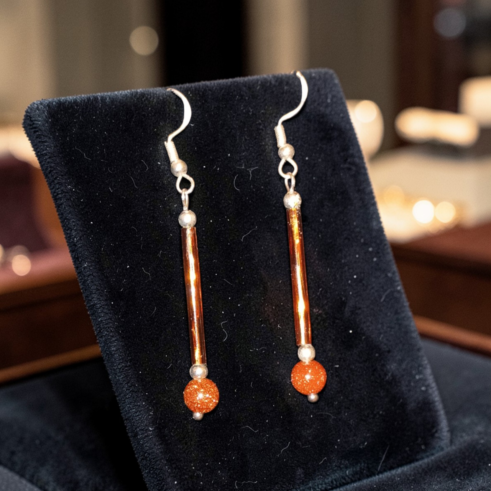 Sterling Silver hook, Twisted Silver Lined Crystal Bugle Bead  with Gold stone semi precious stone Earrings