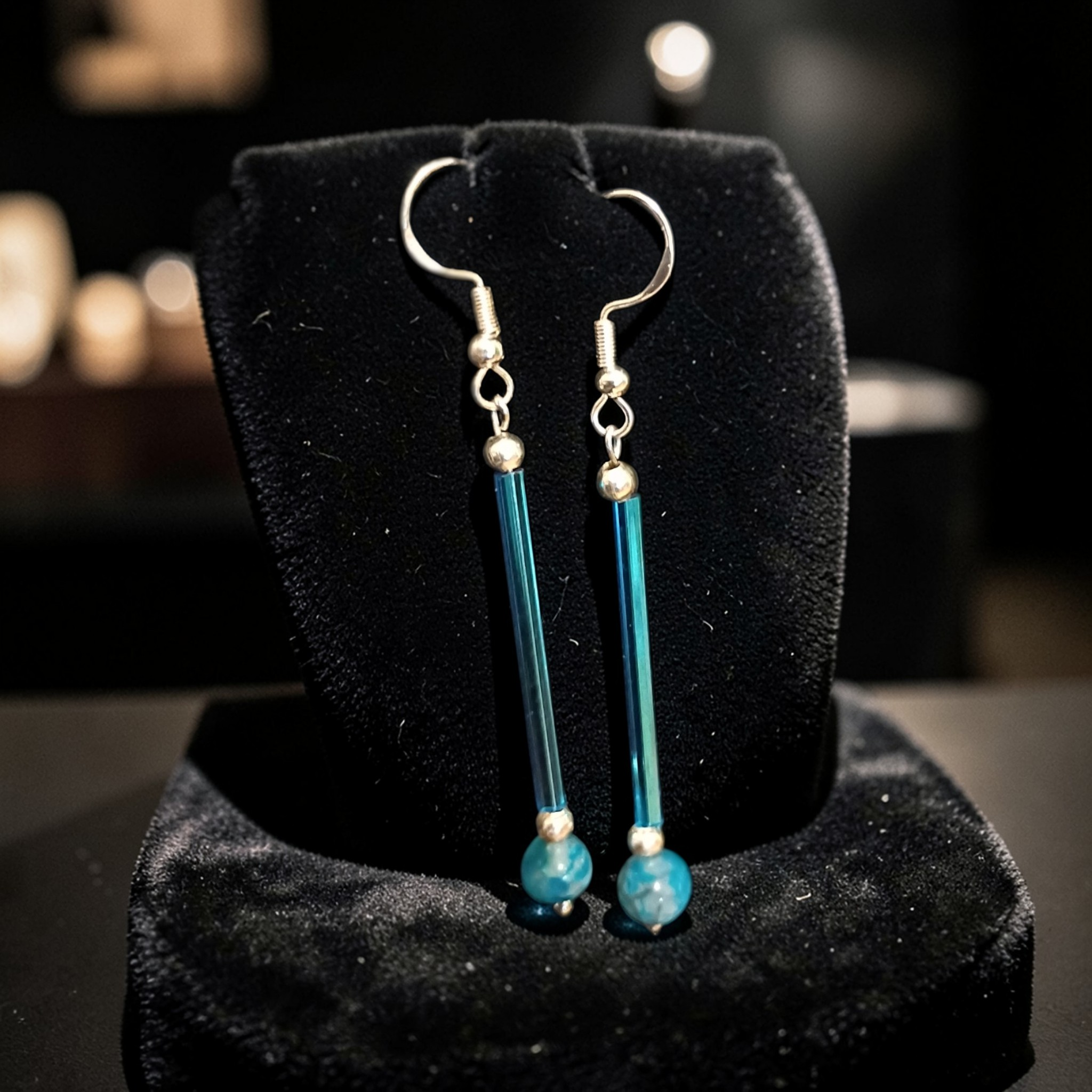 Sterling Silver Flat Silver Lined Glass Torquise Bugle Bead with real blue Dragon Vein Agate Semi Precious Stone