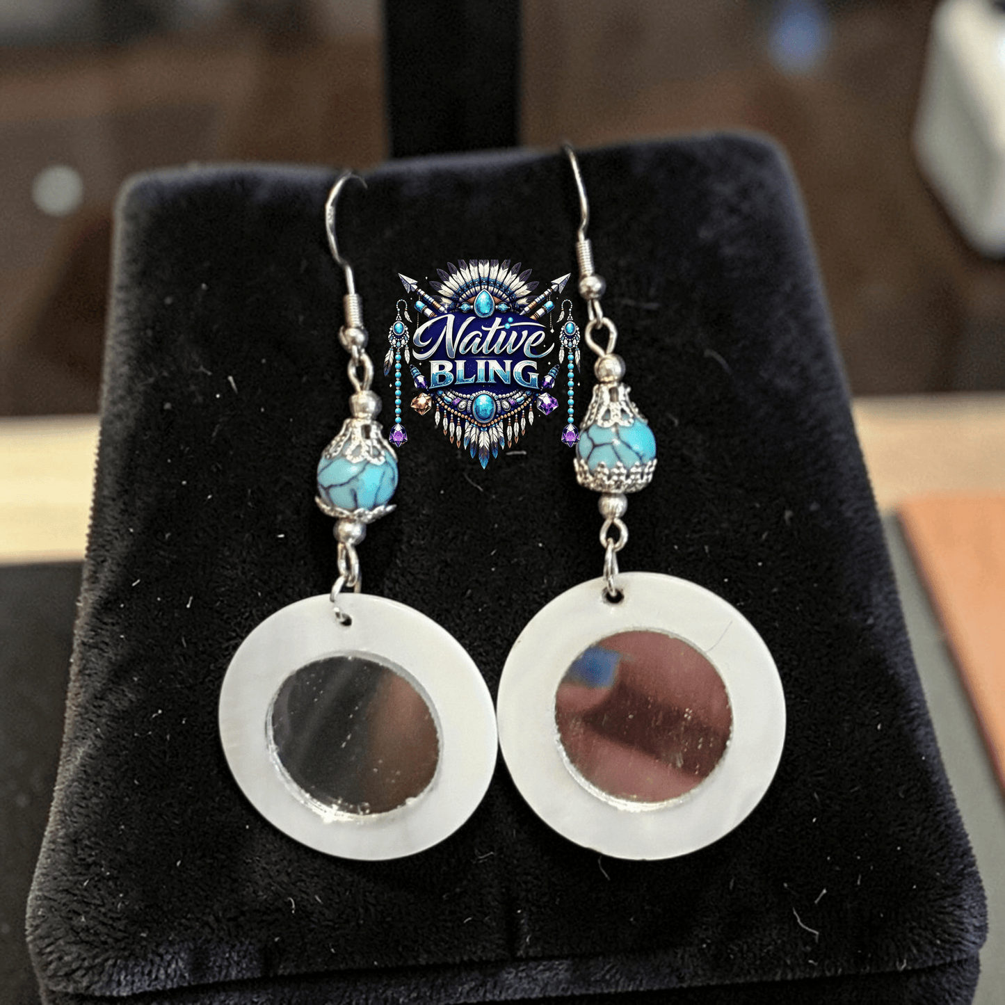 Sterling Silver Hook silver caps on real turquoise semi precious stone and white m.o.p shell centered with small mirror - Native Bling