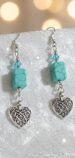 Sterling Silver hook with Turquoise crystal and Turquoise semi Precious stone with silver hearts - Native Bling