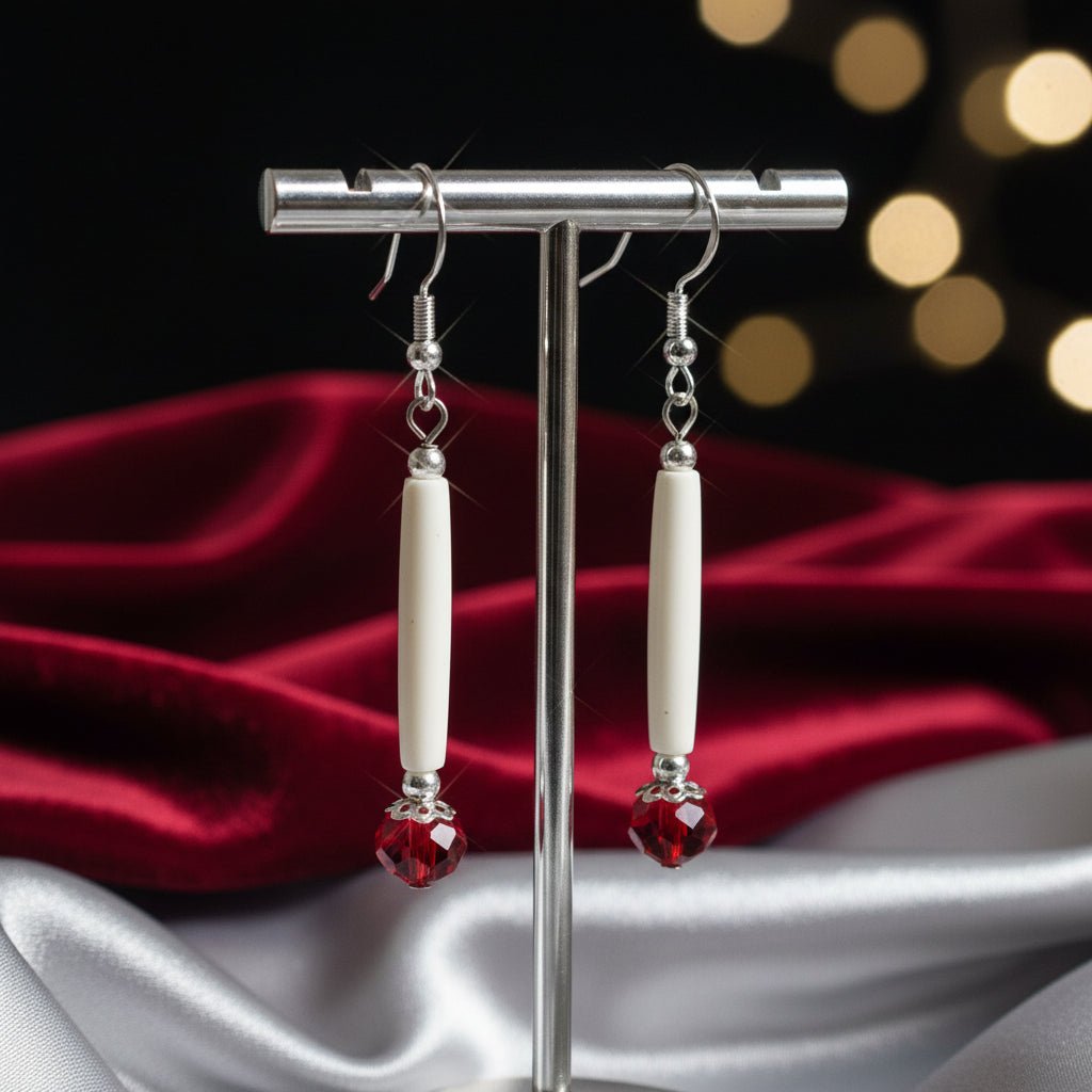Sterling Silver hooks white Hairpipe bone with Silver cap and red Crystal - Native Bling