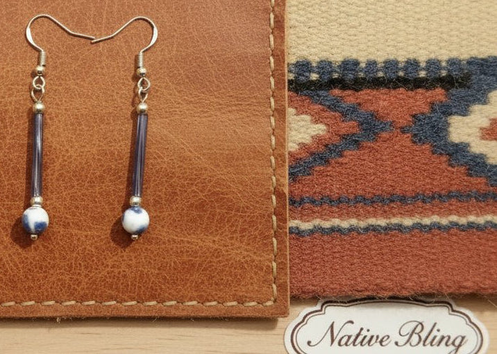 Sterling silver hooks with blue glass bugle bead with white and blue marbled glass bead earrings - Native Bling