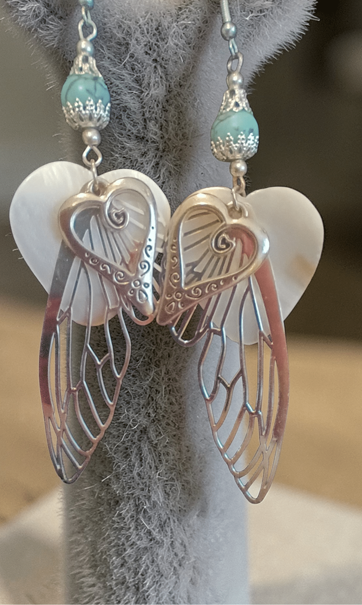 Sterling silver hooks with silver caps turquoise semi precious stone and mother of pearl heart shells butterfly wings and heart pendants earrings - Native Bling