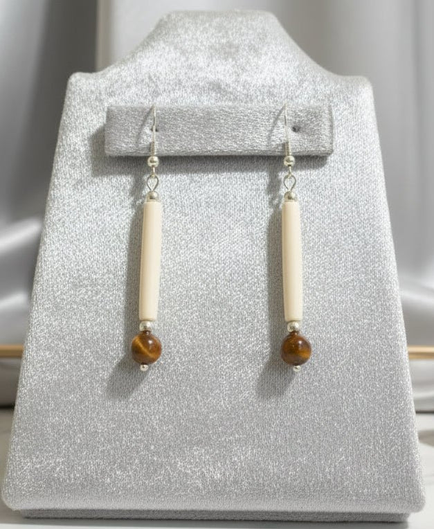 Sterling silver hooks with white hairpipe bone and a tiger eye bead - Native Bling