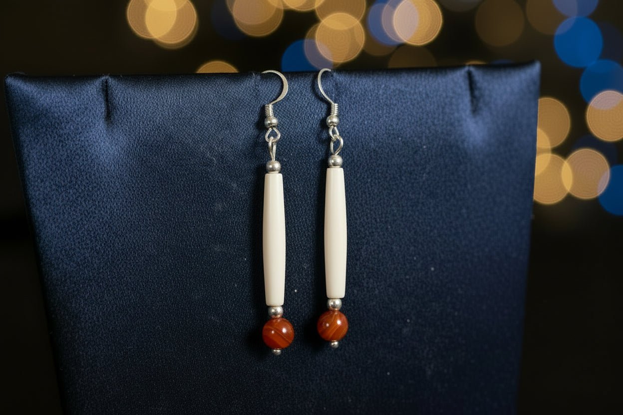 Sterling silver hooks with white Hairpipe bone with red/orange Agate bead - Native Bling