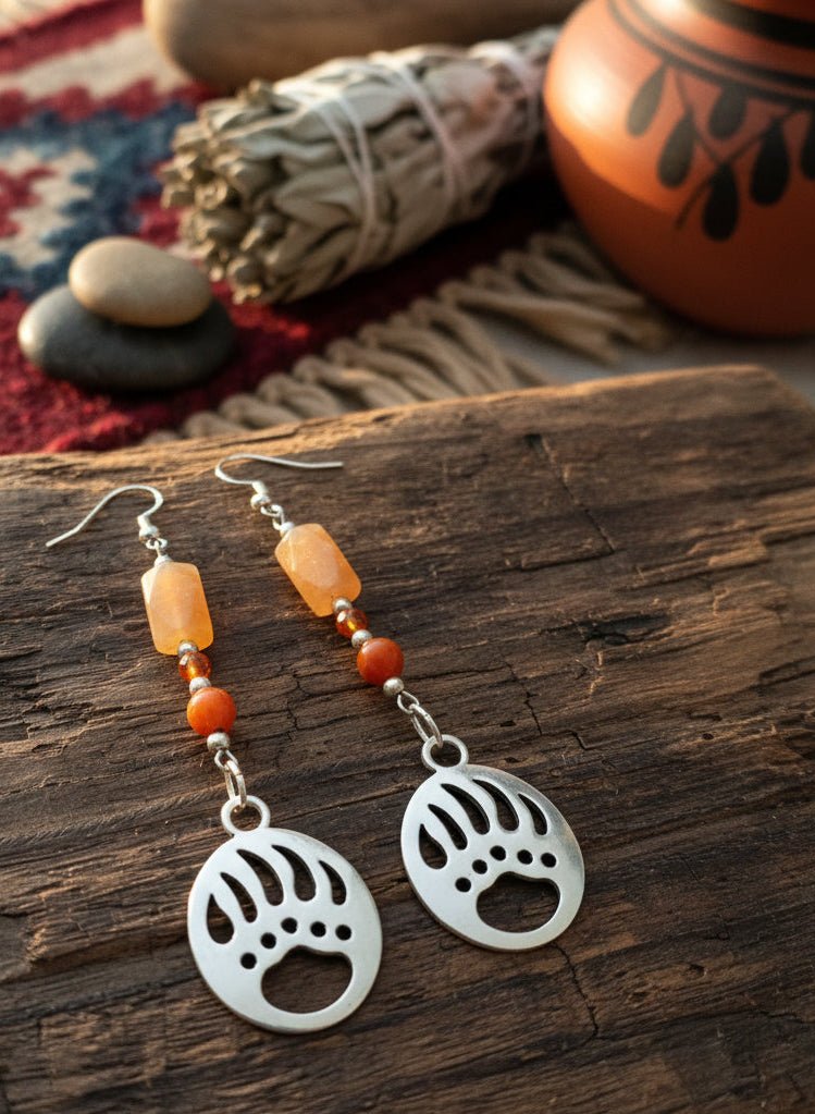 Sterling silver orange agate bear paw earrings - Native Bling